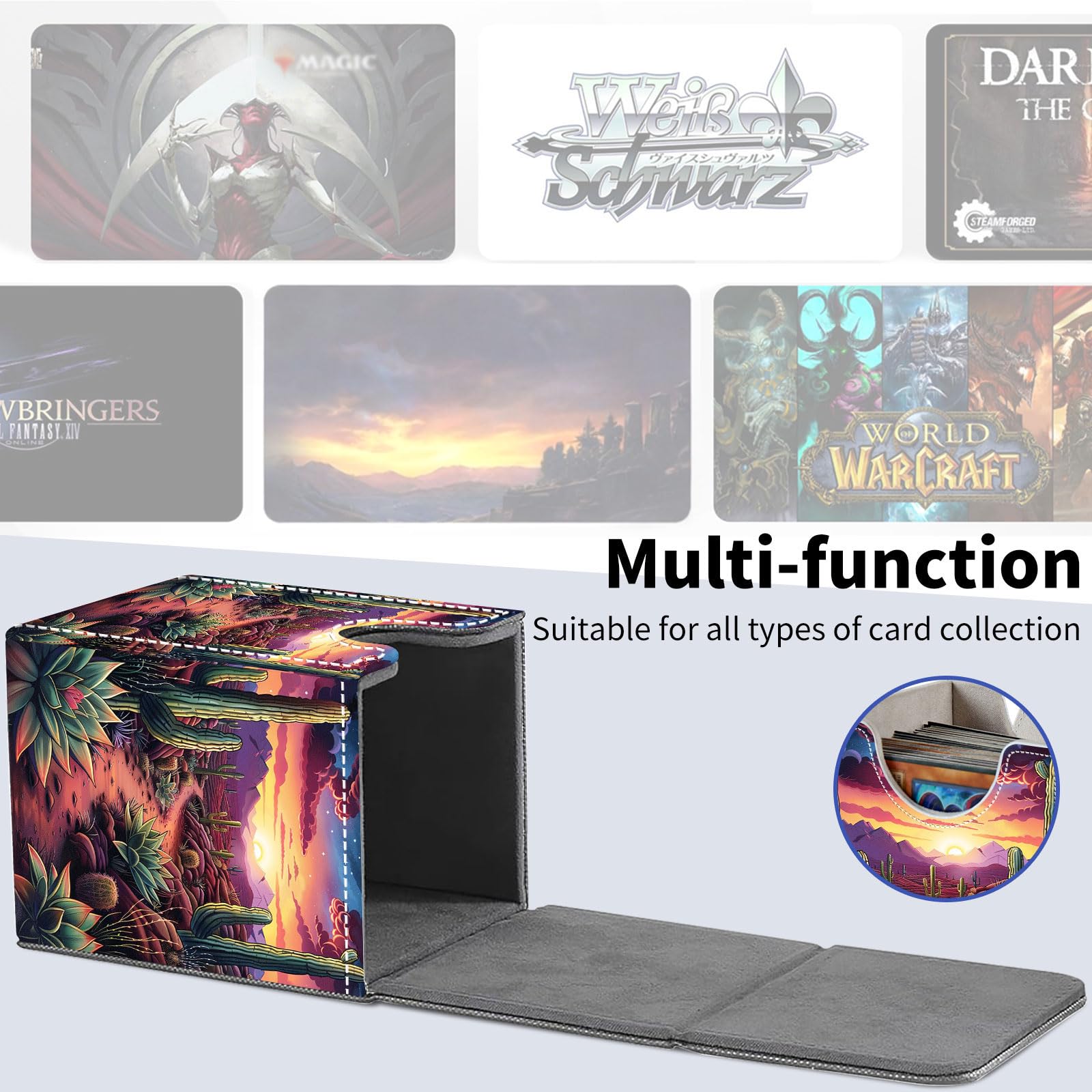 Amazon.com: Qindaiwen Card Deck Box for Trading Cards, MTG Deck Box Fits  100+ Single Sleeved Cards, PU Leather Strong Magnet Card Deck Case Holder  for Magic Commander TCG CCG, Desert Cactus :