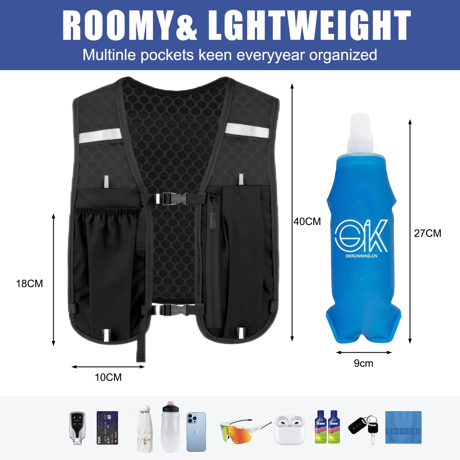 Kamizelka do biegania dla kobiet,plecak do biegania,wodoodporny,odblaskowy,biegów przełajowych,maratonu, kempingu (z bidonem 500 ml)