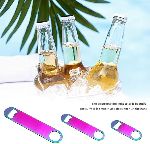 Miniatura 4 de Abrebotellas plano de acero inoxidable de color arcoíris, resistente y duradero, 2 piezas para enviar a amigos, adecuado para bares, camareros,