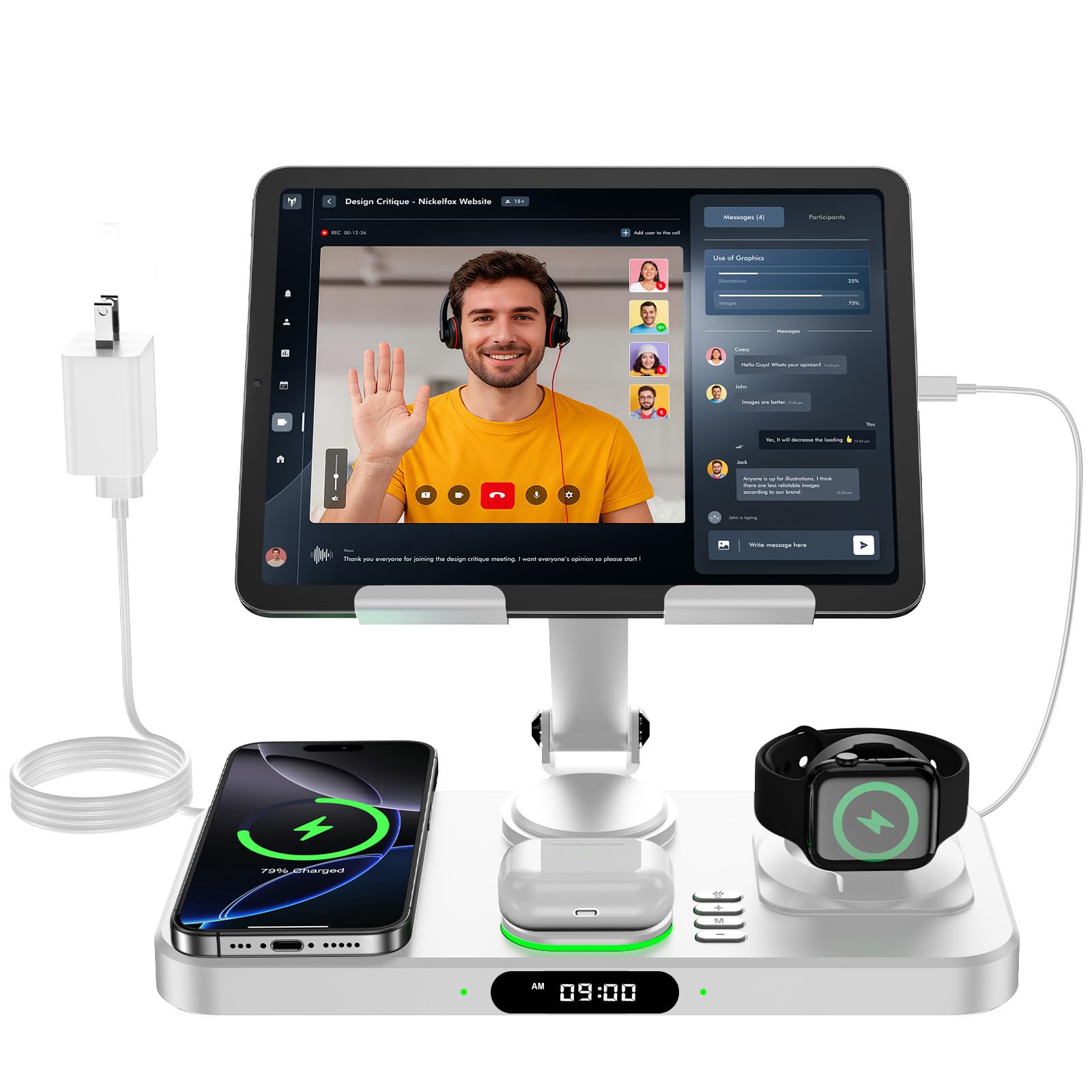 Photo 1 of 6 in 1 Wireless Charger for Apple Multiple Devices, Charging Station with Clock &7 Color Ambient Light, Foldable Rotate Stand for iPad, for iPhone17/16/15, Support for Apple Watch11/10 For AirPods4