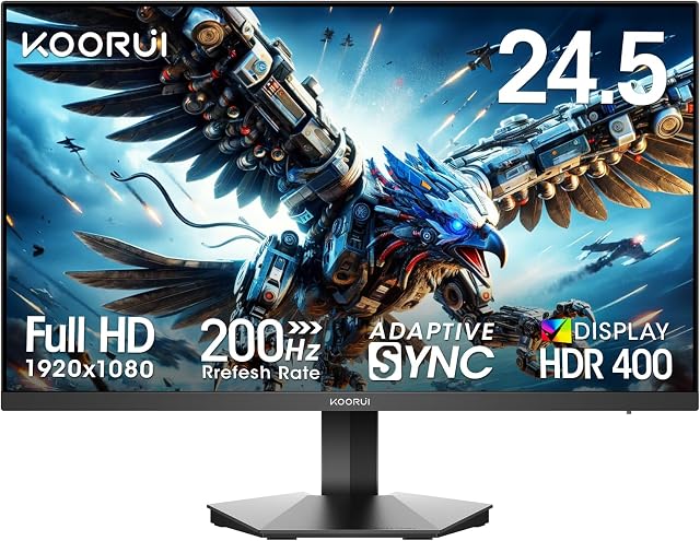 KOORUI 25 Inch 200Hz Gaming Monitor, Full HD Fast IPS Monitor, HDR400, 1ms with Adaptive Sync, 2 x HDMI 2.0, DisplayPort 1.4, Tilt Adjustable, G2511P