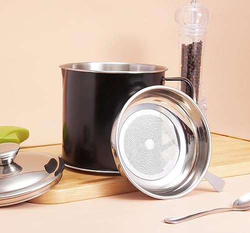 Miniatura 6 de Contenedor de grasa de tocino con colador de 125 L  42 oz de acero inoxidable con tapa y mango de fácil agarre adecuado para almacenar aceite de