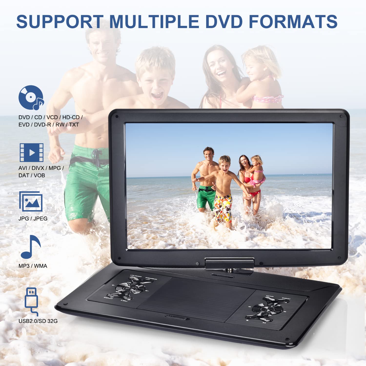 YOOHOO Lettore DVD Portatile 18" Schermo Girevole HD 15,6" Batteria Ricaricabile Multiregione
