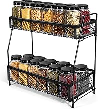 منظم رف توابل لسطح الطاولة، منظم معدني قابل للطي من طبقتين، رف توابل لسطح الطاولة للمطبخ والحمام من فلاني (لون أسود)