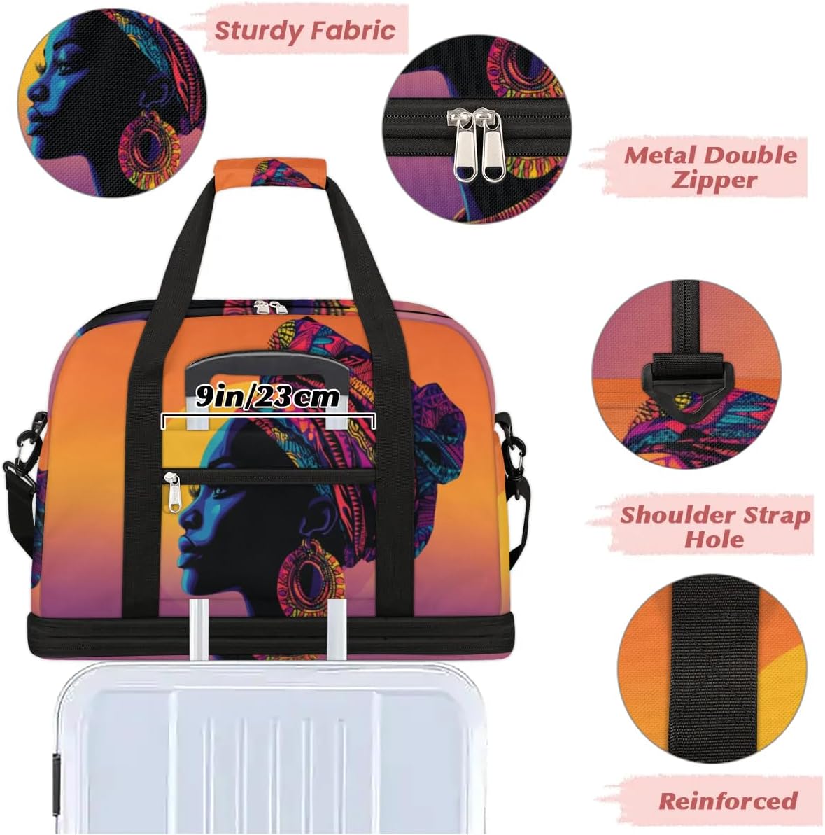 African American Women Foldable Travel Duffel Bag, Expandable Weekender Overnight Carry on Bags with Shoe Compartment Sport Tote Gym Luggage for Women Men