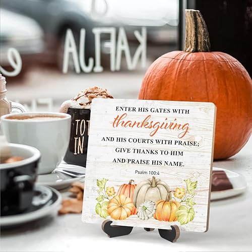 Miniatura 4 de Letrero de escritorio con cita de otoño, con texto en inglés "Enter His Gates With Thanksgiving Wooden Plate Sign with Thanksgiving con soporte,