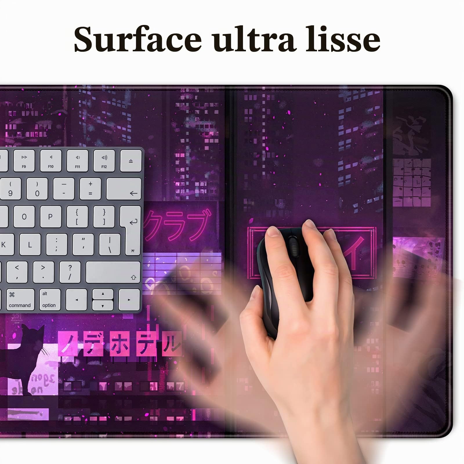 Tapis de souris de jeu japonais XXL avec base en caoutchouc antidérapant, avec bords cousus, violet, taille XXL