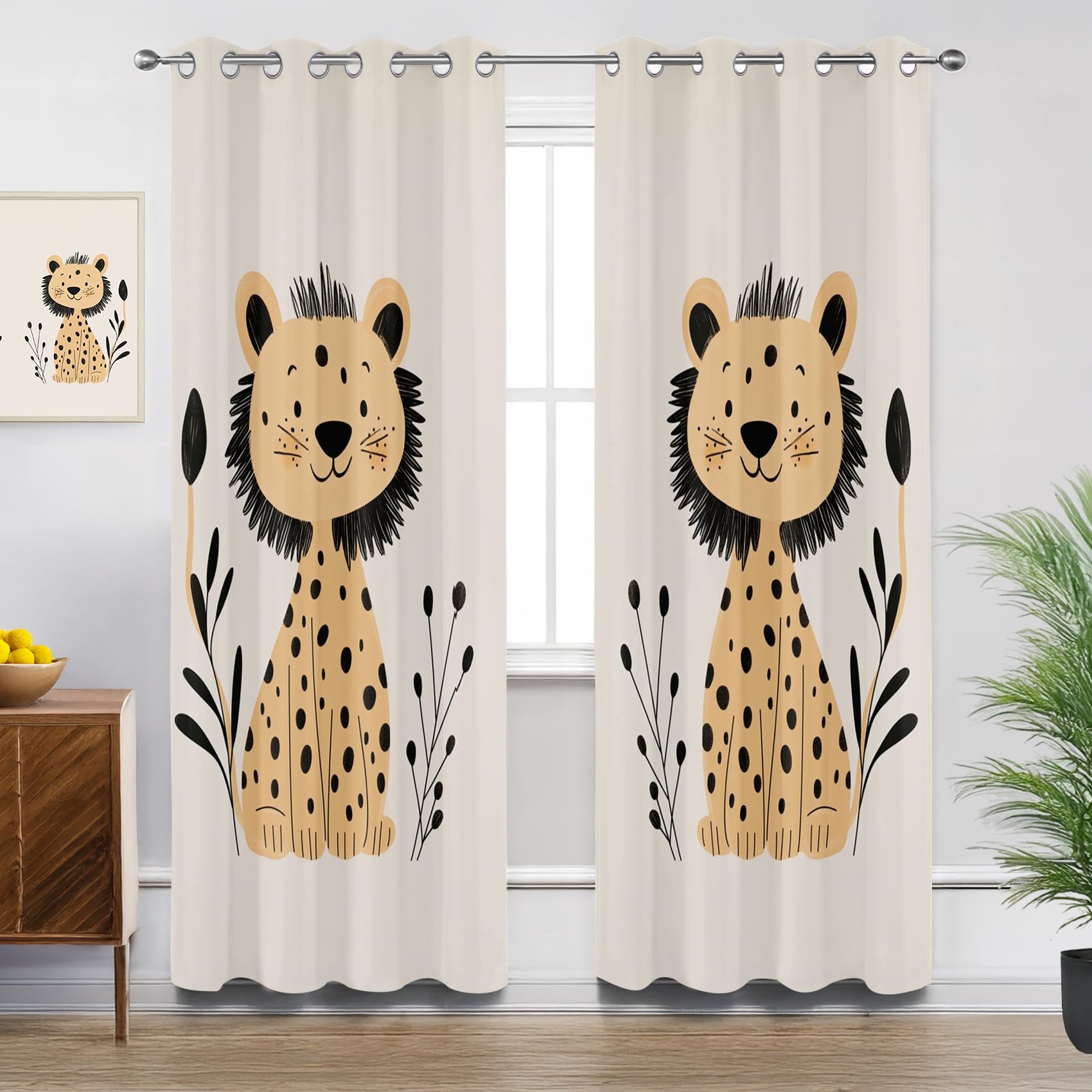 Mistela Lion Curtains for Living Room, Cute Animal Nursery Kids Boys Blackout Curtains 90x90, Thermal Insulated Extra Wide Bedroom Curtain Eyelet, 2 Panels Drapes Home Decor