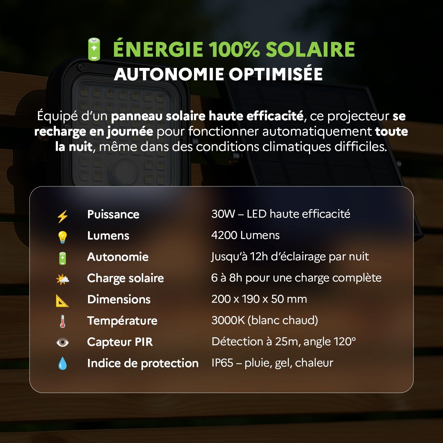 Europalamp - Projecteur LED Solaire 30W – 4200 Lumens, Détecteur de Mouvement, Étanche IP65, Éclairage Extérieur avec Capteur, Lampe de Sécurité Autonome pour Jardin, Terrasse, Garage