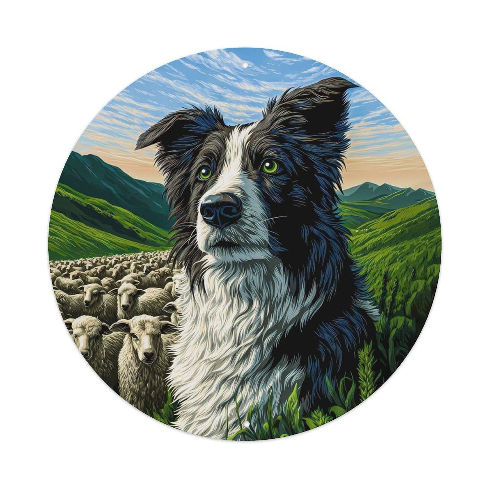 Animal Poster Border Collie Sheep European Mountain Pasture Countryside Grazing Vintage Metal Tin Sign Plaque Wall Decor for Cafe, Club Bar, Office, Garden Metal Poster 8x8Inch