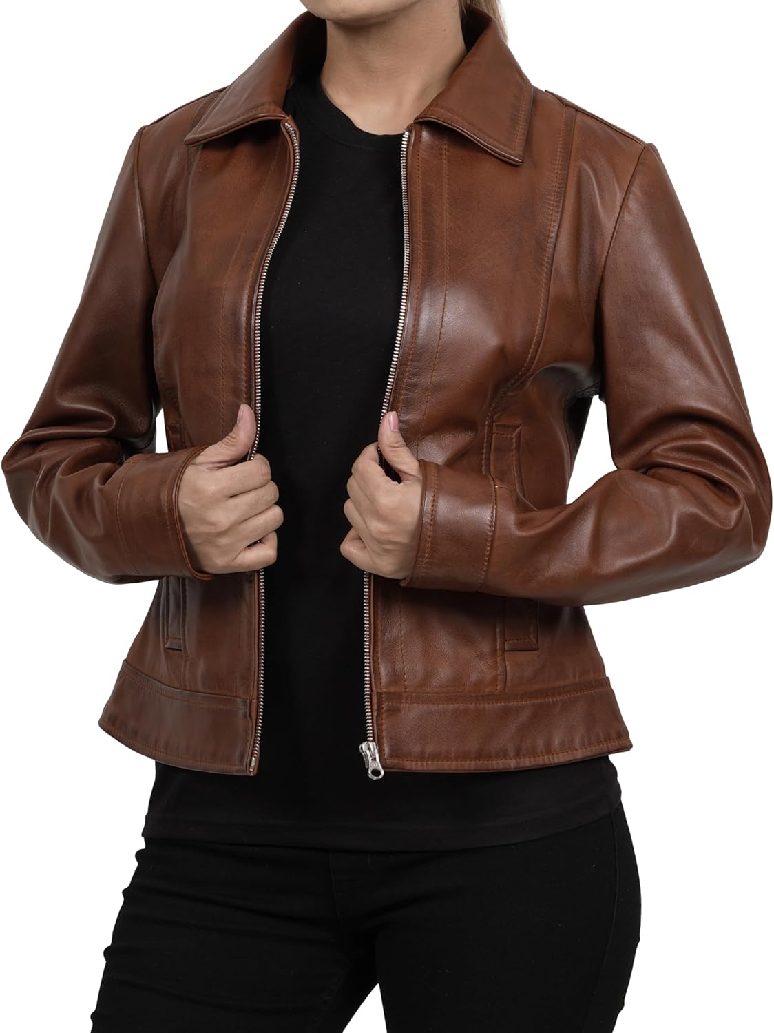 fjackets Real Lambskin Leather Jackets Womens Shirt Collar Style Women's Leather Jacket For All Season