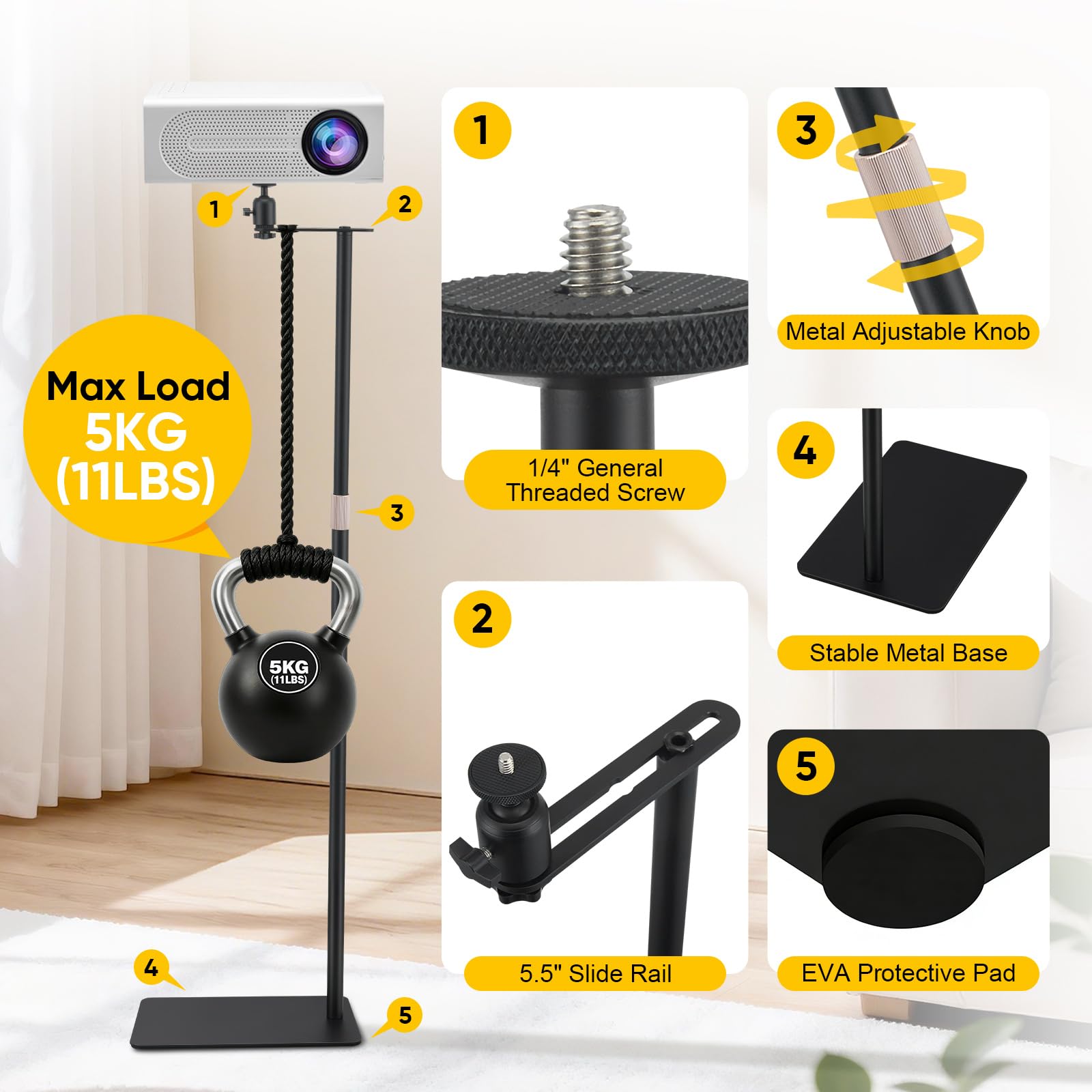 Support métallique pour vidéoprojecteur, avec rotation à 360°, canapé contre le mur, capacité de charge jusqu'à 5 kg, hauteur réglable de 30 à 130 cm, support de projecteur pour la maison, le