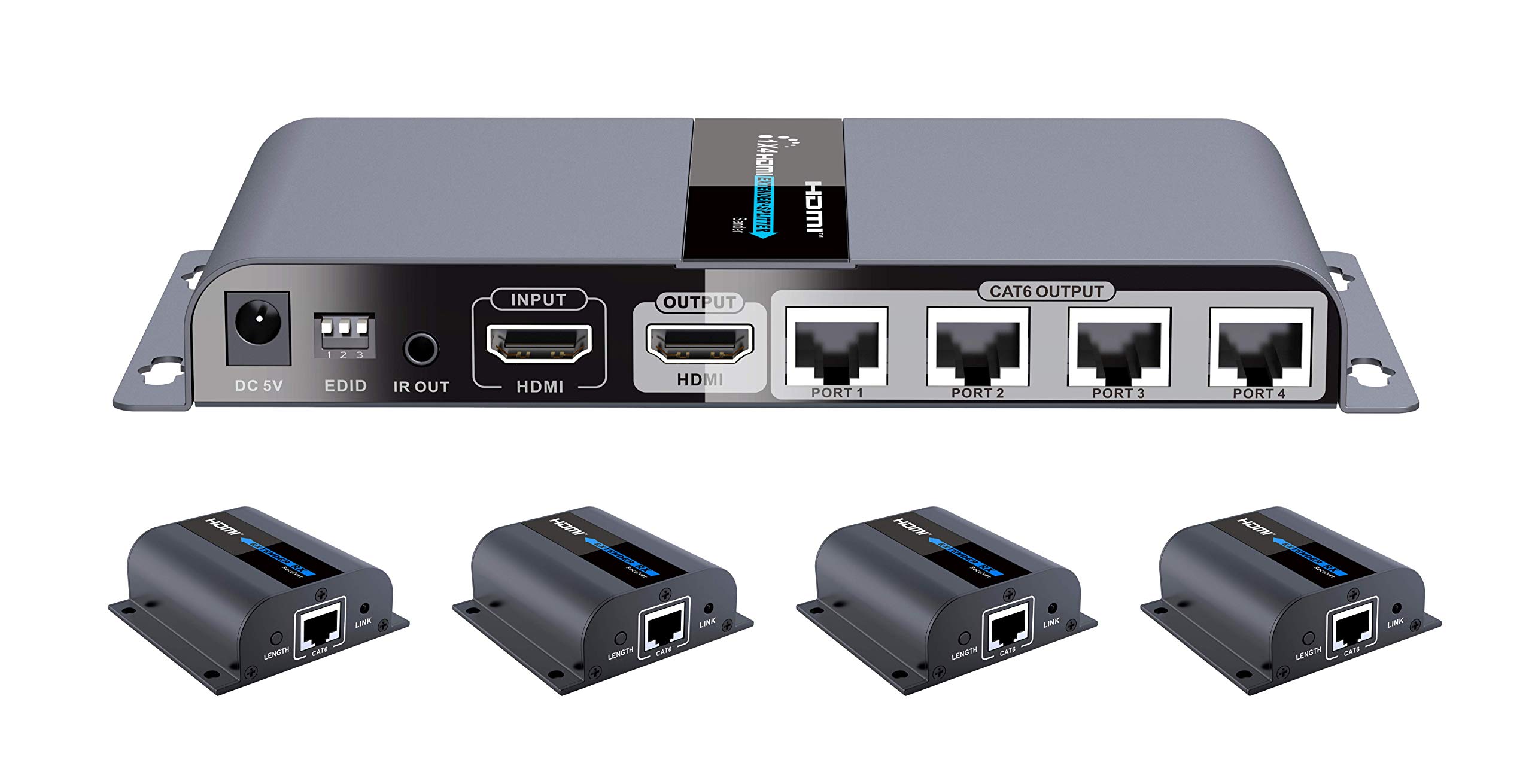 WeJupit 1080P 1x4 HDMI Splitter Over Cat6 Extender with IR, Up to 40M Or 131 Ft - Low Latency (WJSPT1-4)