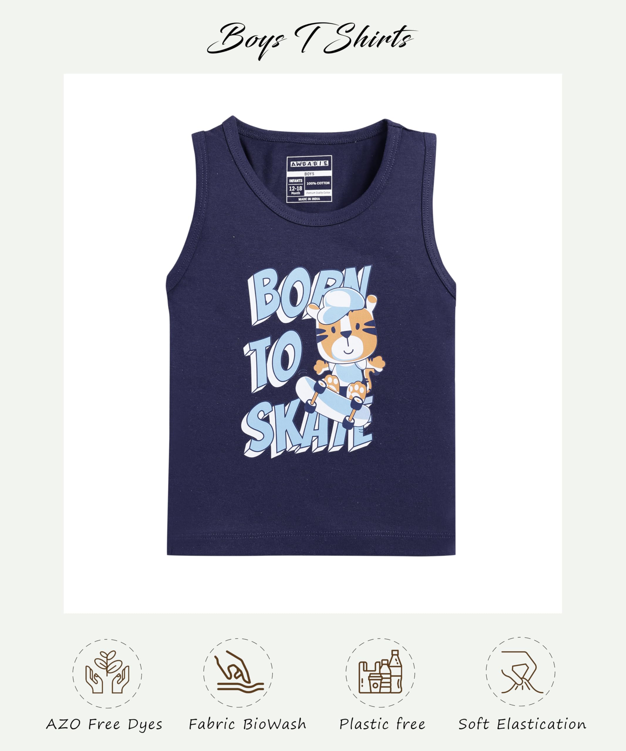 Awbabie Infant Boys' Sleeveless Top | 100% Cotton | Bio-Wash | 180 GSM Jersey | Soft & Gentle | Playful Graphic Print | Stylish & Comfortable | Naval Academy | 6-9M - Image 2 thumbnail