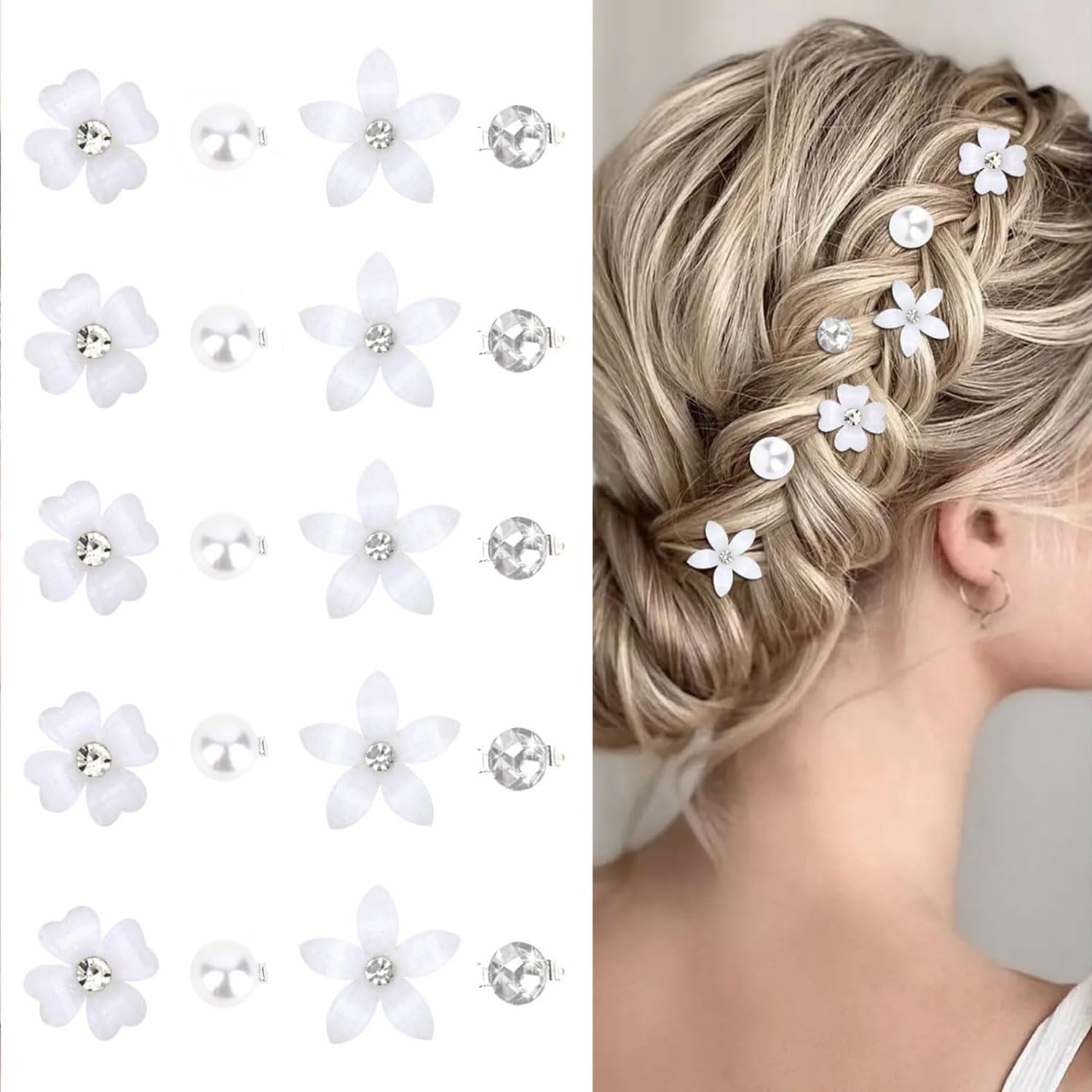 20Pcs White Flower Hair Clips for Women,Rhinestone Pearl Mini Hair Barrettes Hairpins,Cute Small Hair Clips White Hair Accessories Gifts Wedding Bridal Christmas Decorations (4 Styles)