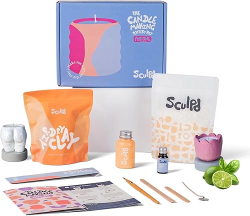 Sculpd Kit de alfarería para hacer velas para adultos con arcilla secada al aire y juego de pintura acrílica, cera de soja ecológica no tóxica,