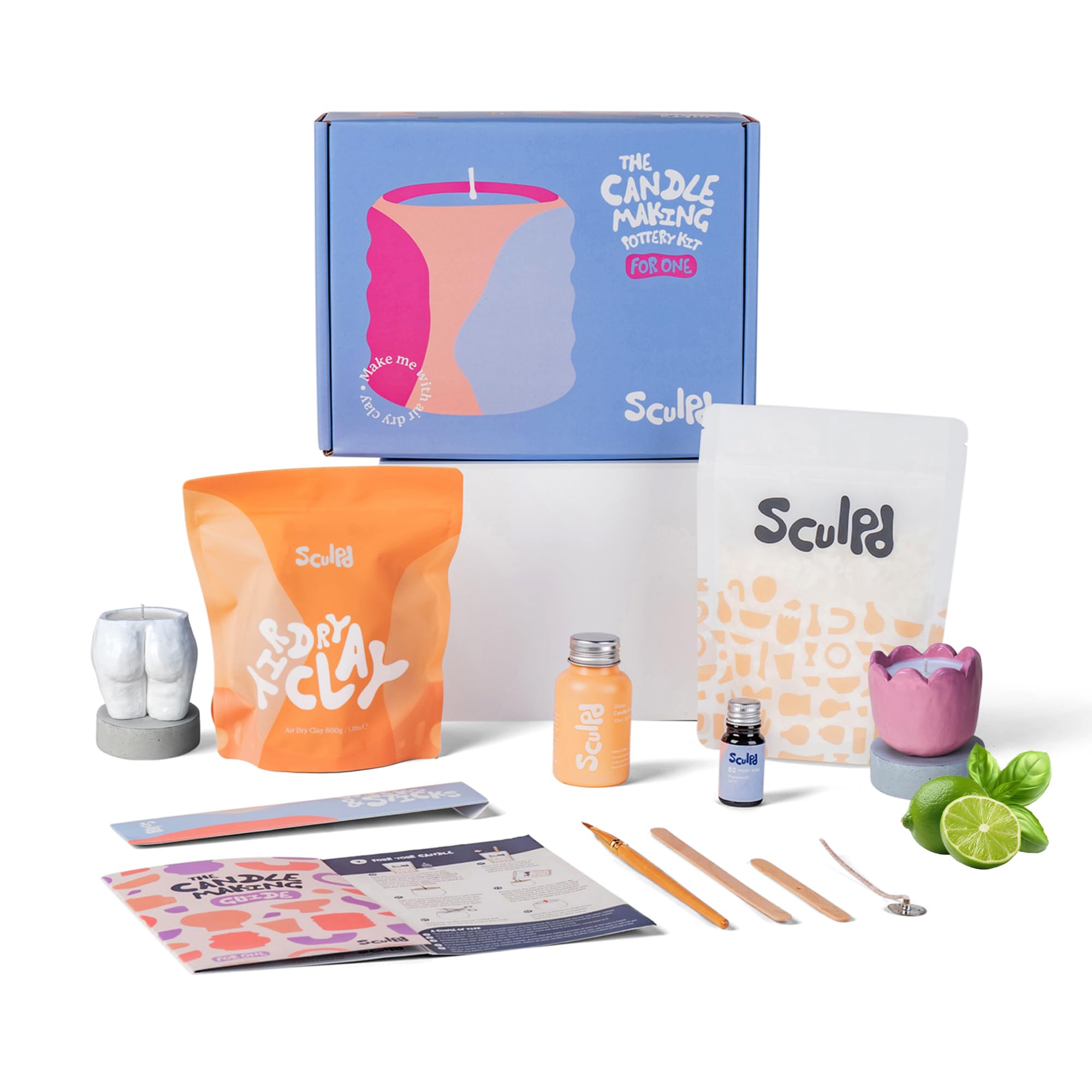 Sculpd Candle Making Pottery Kit for Adults with Air Dry Clay and Acrylic Paint Set, Non-Toxic Eco Soy Wax, Scented Fragrance Oil, Candle Glaze, Tools & Guide, 1 Candle, Basil Citrus Basil Citrus 1 Person