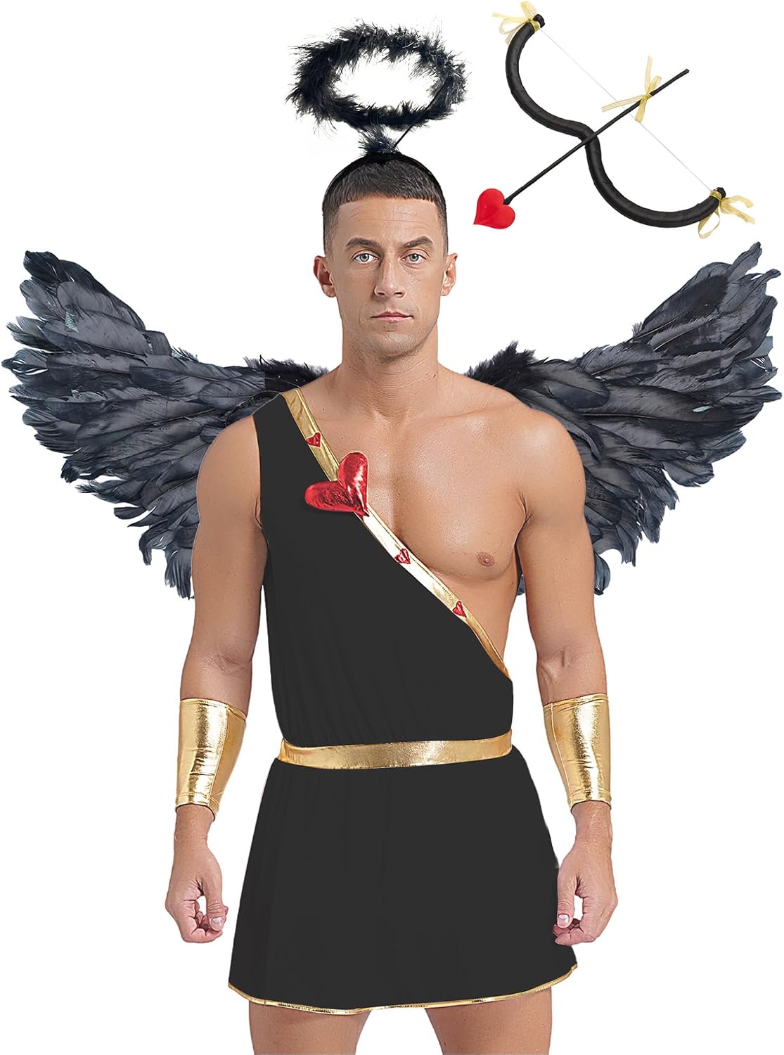 ACSUSS 6Pcs Cupid Costume for Men One-Shoulder Romper 6Pcs Outfit Cupid Wings and Cuffs Bow and Arrow
