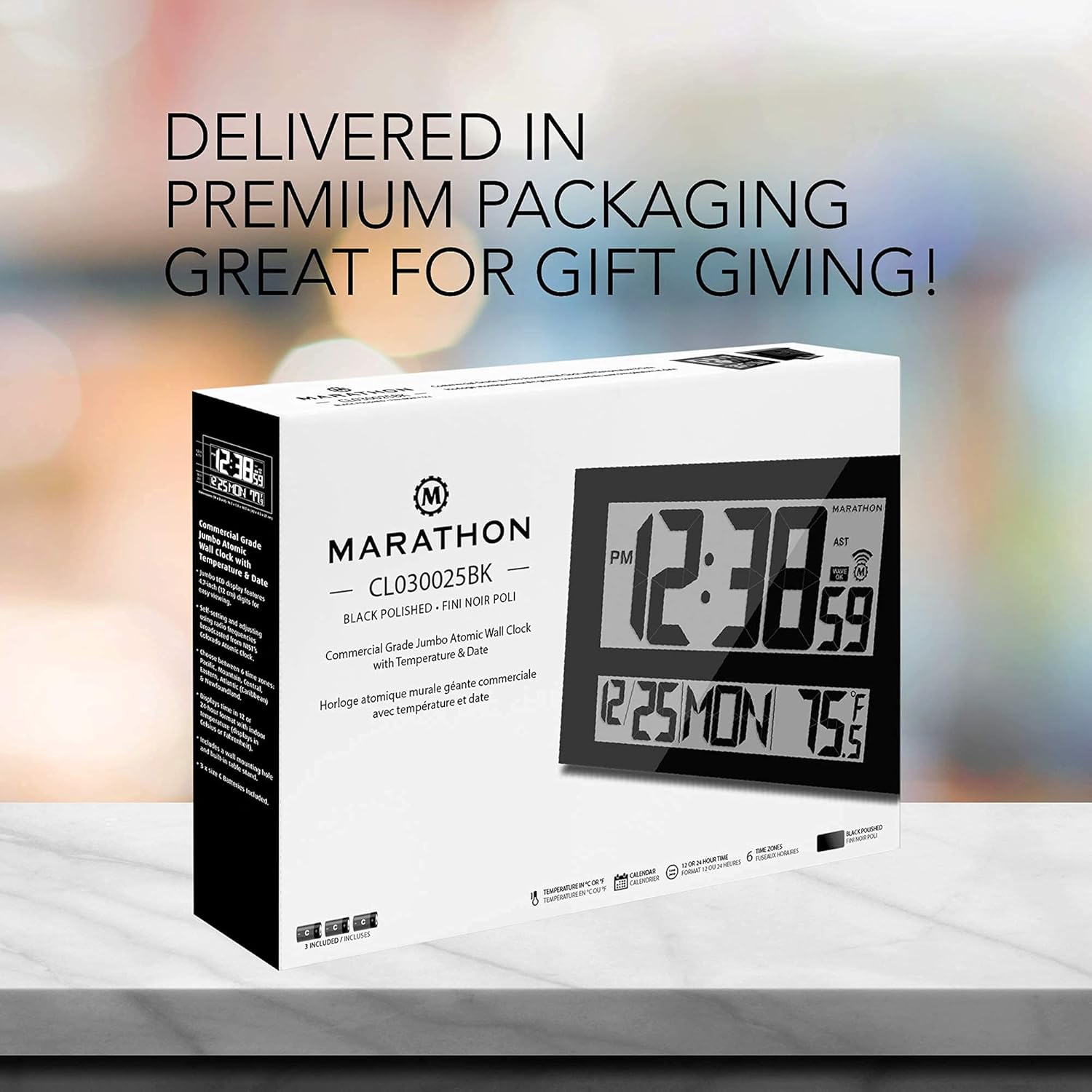 Marathon CL030025 Jumbo Atomic Wall Clock in its retail packaging.