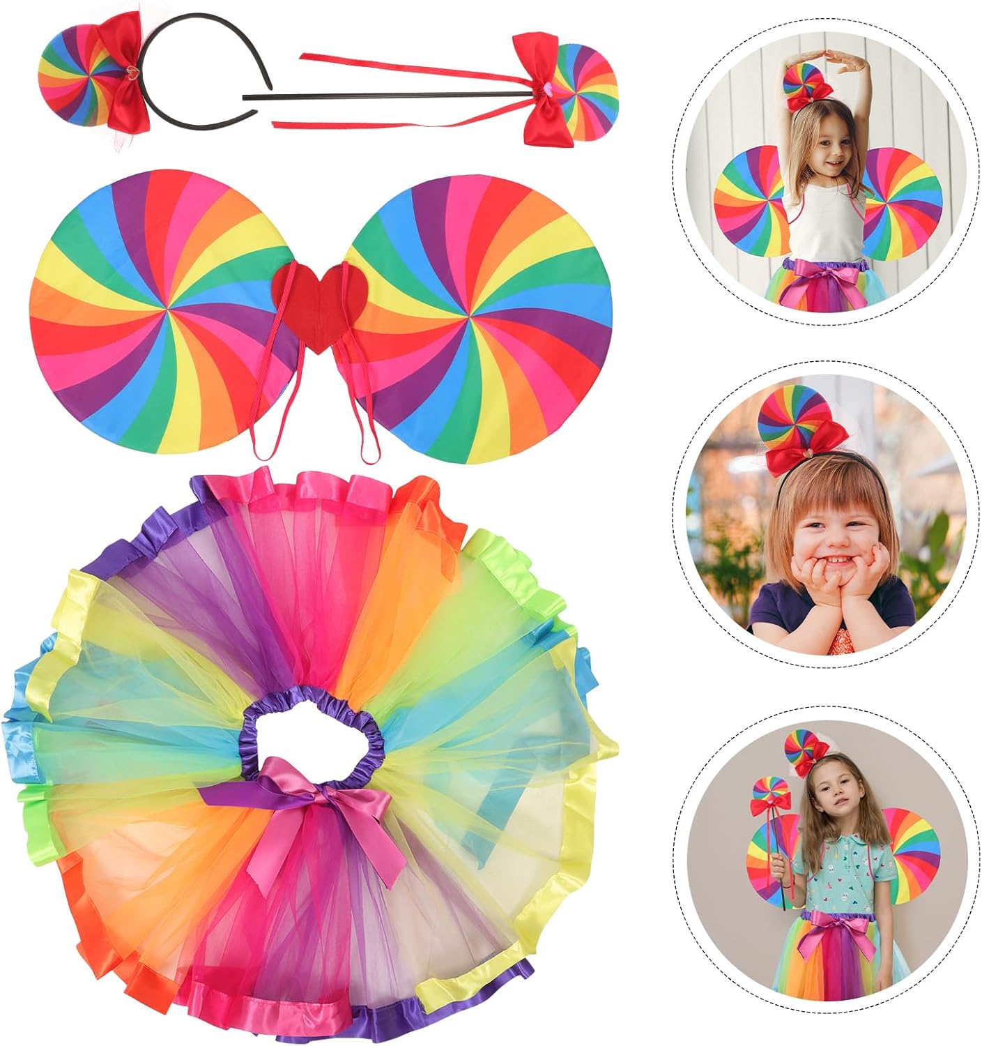 VILLCASE Rainbow Costume Kids Set with Tutu Skirt Fairy Wings Headband and Lollipop Wand for Birthday Parties Dress-up and Cosplay - Image 8