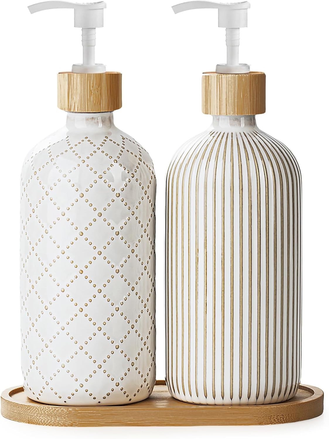 Getstar Juego de 2 dispensadores de jabón para manos y platos, dispensador de jabón de cerámica para baño y cocina con bomba y bandeja a prueba de