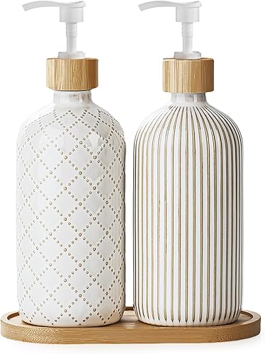 Getstar Juego de 2 dispensadores de jabón para manos y platos, dispensador de jabón de cerámica para baño y cocina con bomba y bandeja a prueba de