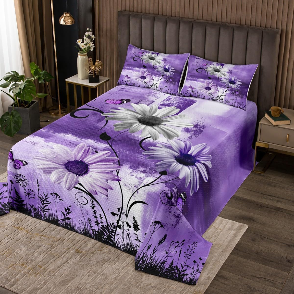 Rustic Floral Bedspread King Size for Adult Women,Farm Daisy Flowers Butterfly Country Quilt Set with 2 Pillowcases,Purple Abstract Art Graffiti Decor Bedding Quilted,Breathable