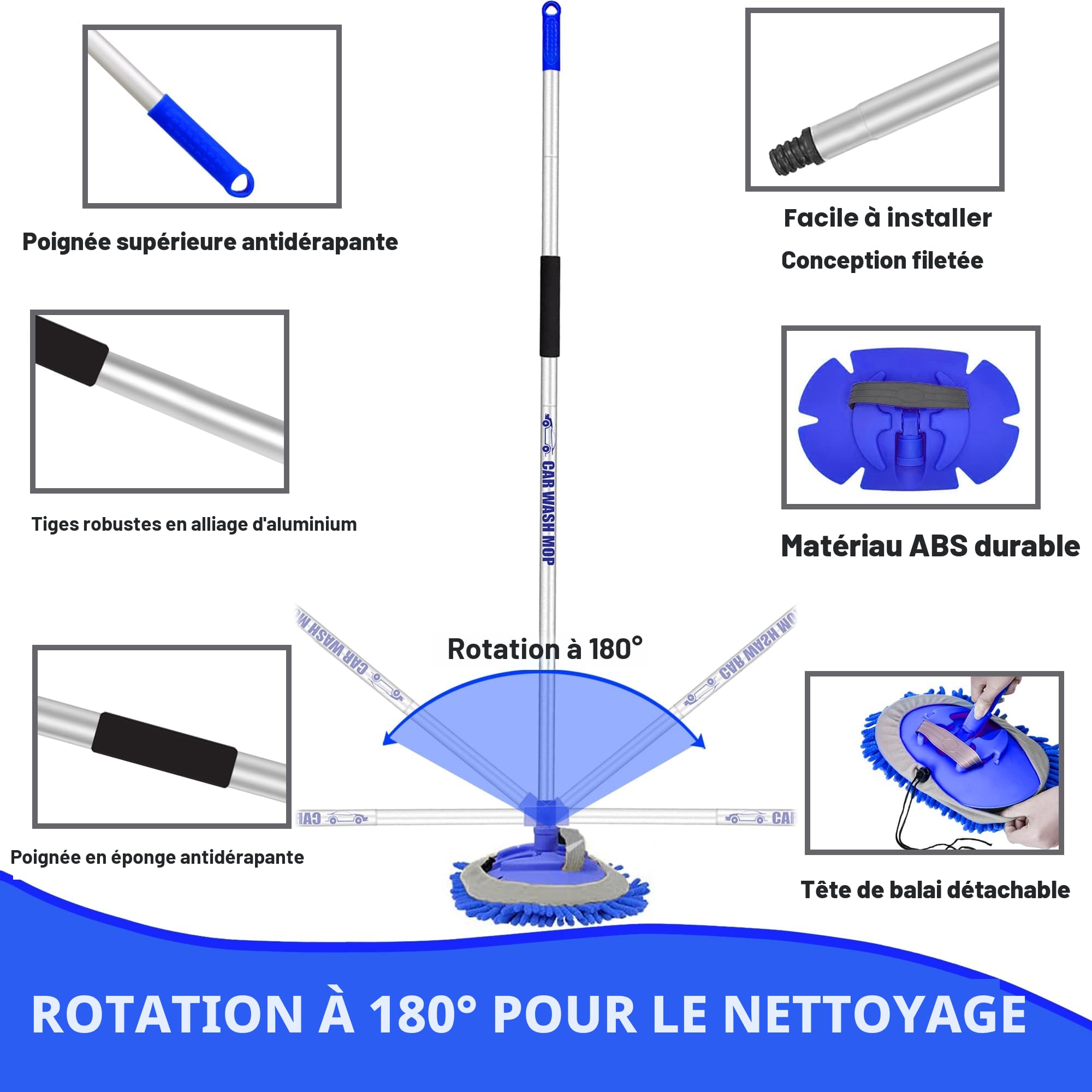 160cm 63" Brosse Lavage Voiture Manche Telescopique Balai Nettoyage Camion Microfibre Kit Pinceau Camping Car Caravane 2 en 1 Produit Auto Brise Exterieur Intérieur Mop (3 Tête de Remplacement)