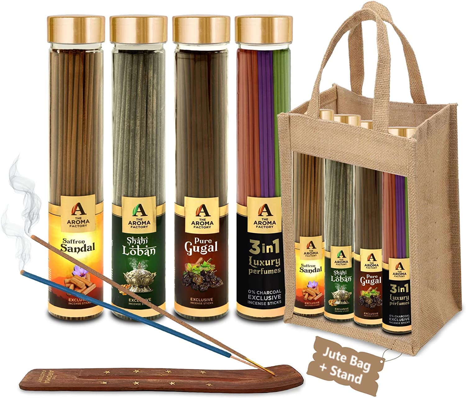 The Aroma Factory Organic Incense Sticks Aromatic Fragrances | Kesar Chandan, Shahi Loban, Gugal & 3in1 | No Charcoal, Scented Incense | Herbal Pooja Agarbatti | 4x100g Jute Bag Giftset