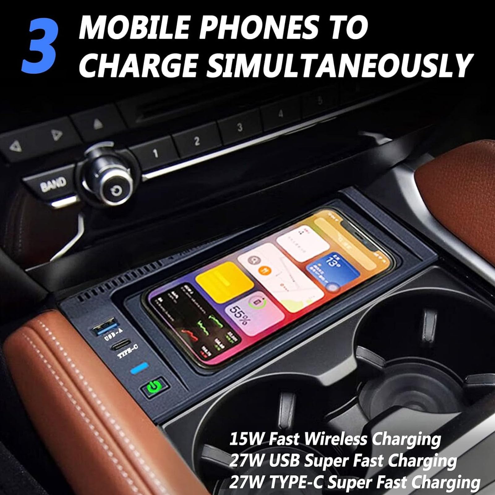 Cargador Coche Inalámbrico para BMW X5(2008-2018)/X6(2008-2019) F15/E70/F16/E71Accesorios Consola Central Carga Rápida Qi 15W, Con Puerto USB, Para Cualquier Teléfono Habilitado Para Q(Size:2008-2014)