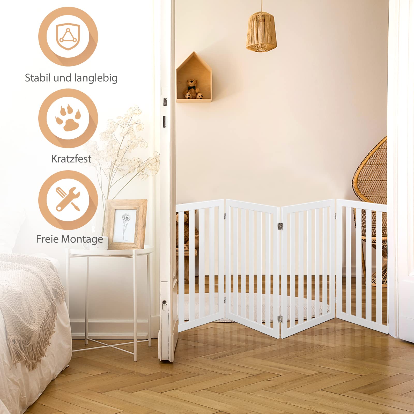 COSTWAY Absperrgitter Hunde 89cm Hoch, 4 Paneelen Schutzgitter Holz, Kindergitter klappbar, Treppengitter Hundeabsperrgitter flexibel Türschutzgitter (Weiß)