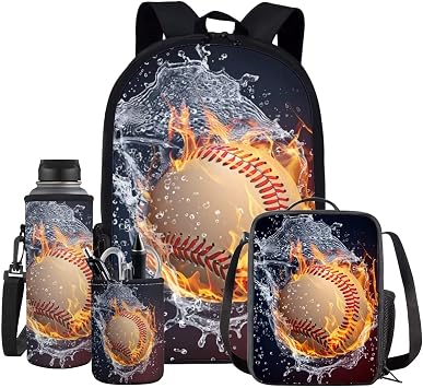 Baseball Backpack for School Boys Backpack with Lunch Box Water Bottle Holder with Strap and Pencil Bag 4PCS Set 17" Lightweight Bookbag Sturdy School Bag with Side Pocket for Kids Elementary