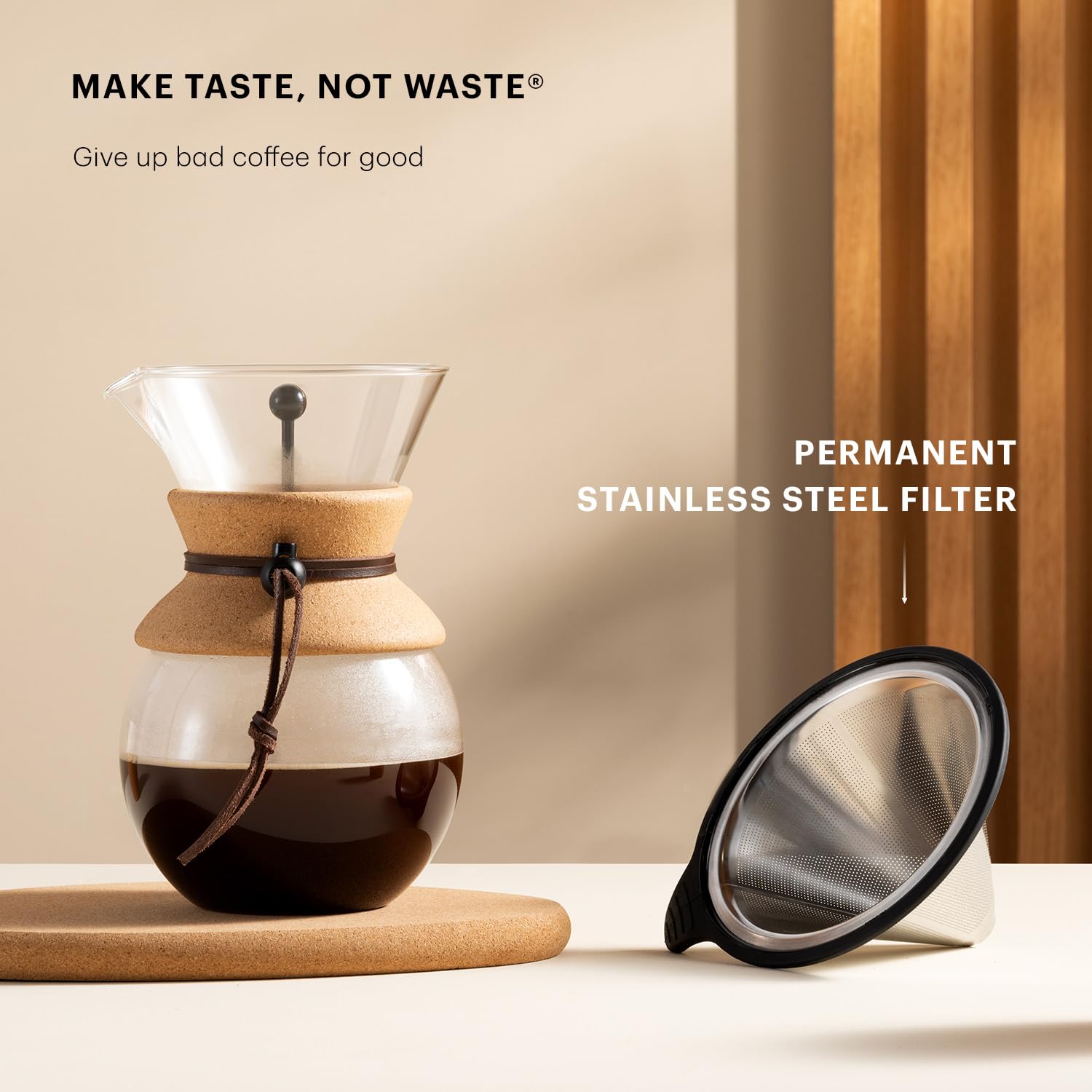 Bodum 34oz Pour Over Coffee Maker, High-Heat Borosilicate Glass with Reusable Stainless Steel Filter and Cork Grip - Made in Portugal, view 3