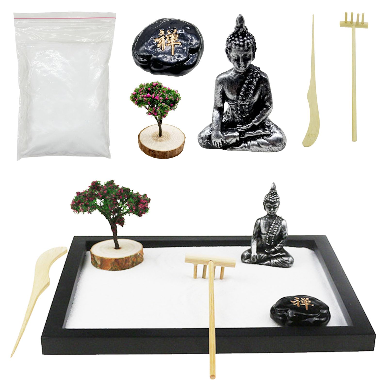 Woohome 20 szt. Mini Zen Sand Garden Kit, Mini Garden Kit z tacą, Zen Style Garden Ornament for Home Office Home Decoration