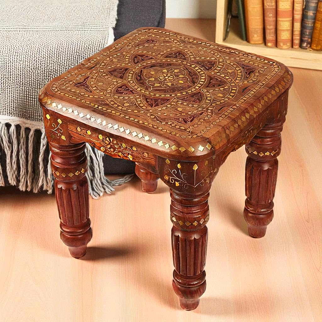 Desert Wood Arts Handcrafted Wooden Folding Stool – Brown Color, Durable Wood Material – Traditional Ethnic Design, Decorative Small Table for Home Décor, Pooja, Living Room & Bedroom Use-image-46