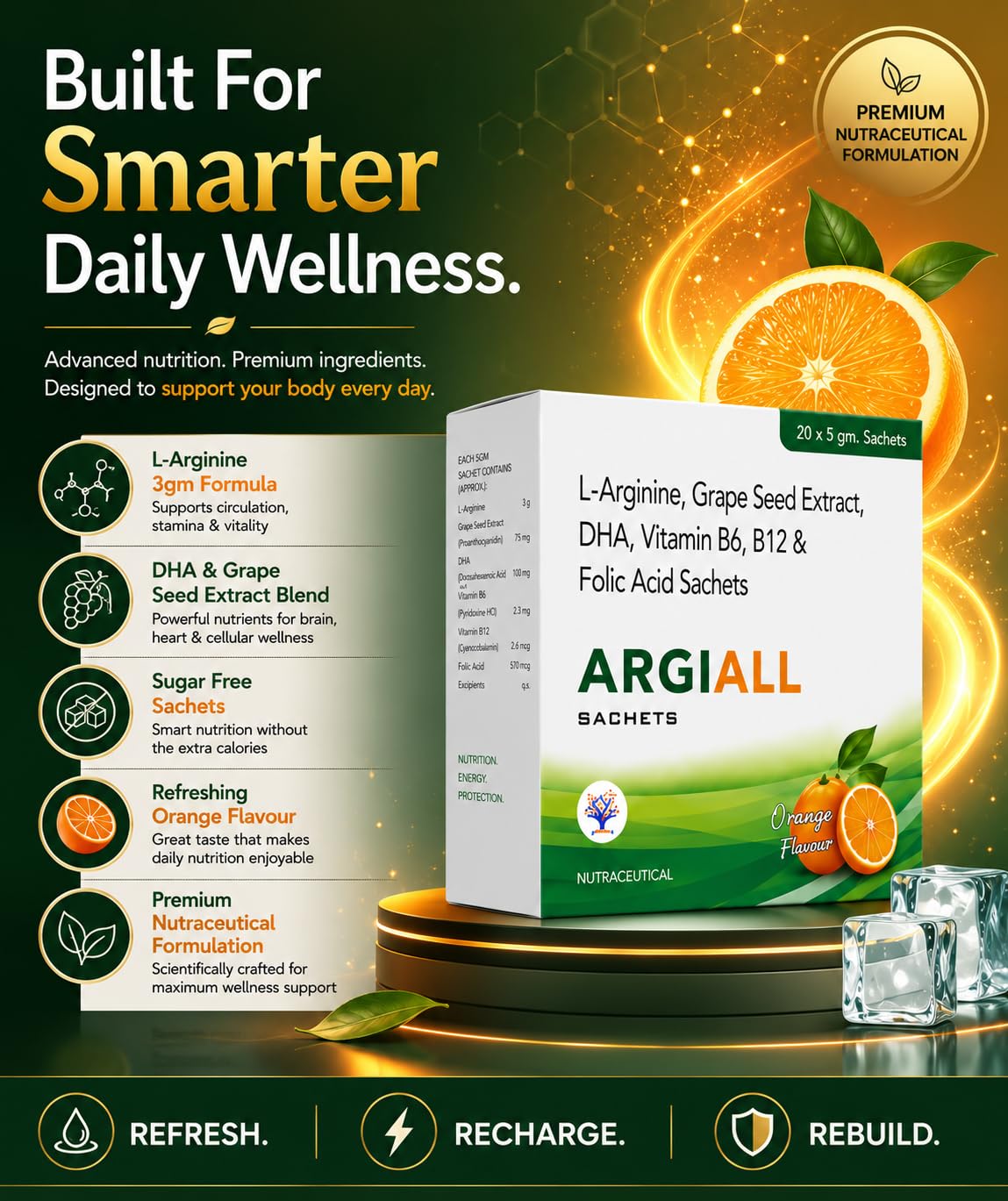 L-Arginine Sachets 3gm with DHA, Grape Seed Extract, Folic Acid, Vitamin B6 & B12 | Sugar Free Orange Flavour Energy & Circulation Drink Mix | Supports Blood Flow, Fatigue, Pregnancy Nutrition & Heart Wellness | 20 Sachets — Amazon image 9