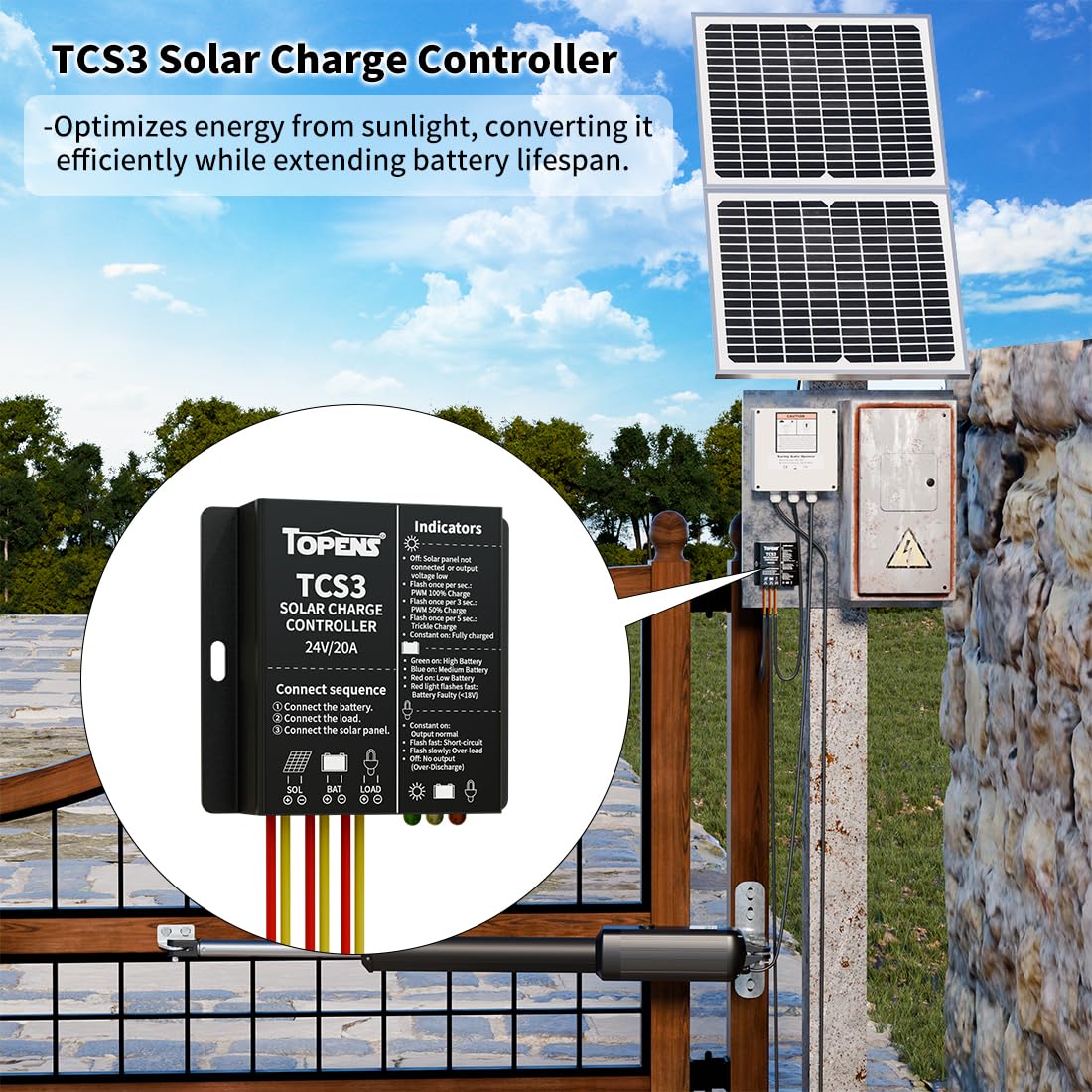 TOPENS TCS3 Solar Charge Controller Waterproof Solar Panel Battery Regulator for Solar Automatic Gate Opener, Boat, Yacht, RV, Caravan, Golf Car, Street Lamp, Garden Light and Farm Equipment