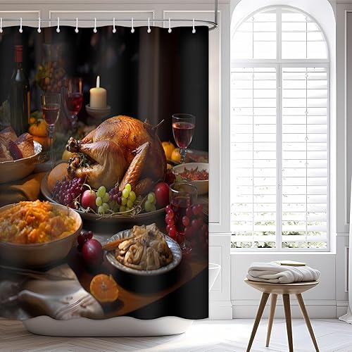 Miniatura 4 de Cortina de ducha con texto en inglés "Merry Christmas" para baño, mesa de comedor, juego de cortinas de ducha de Navidad de pavo, impermeable, de