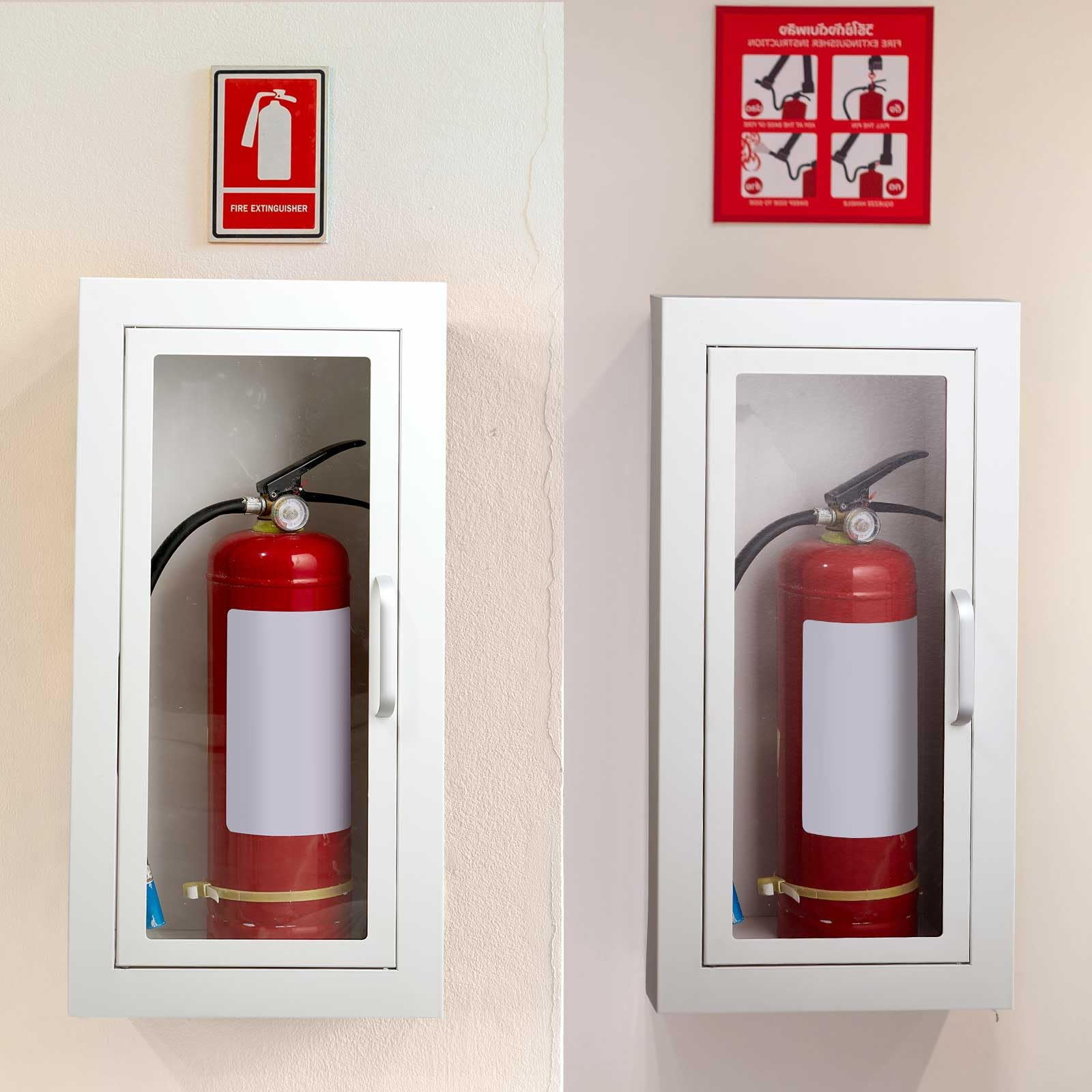 Zonon Armadietto da parete architettonico industriale bianco semi incassato, porta con maniglia versione per estintore chimico secco da 4,5 kg