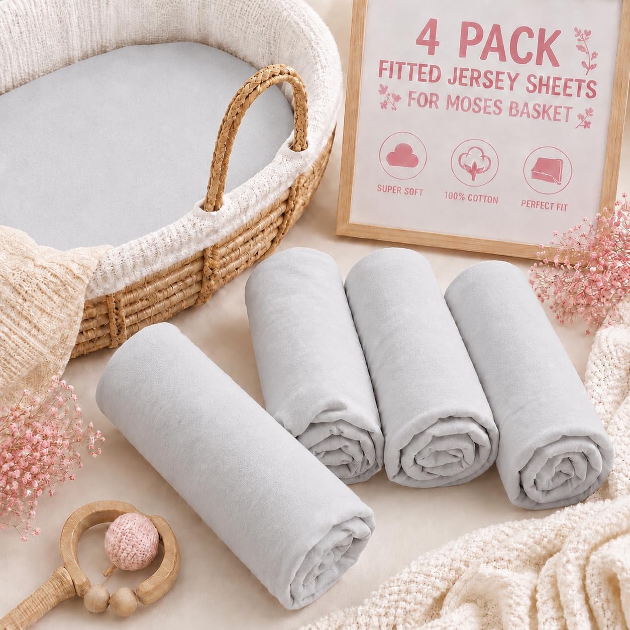 BABYMAM 4 Pack Jersey Fitted Sheets 75 x 30 cm for Moses Basket, Pram Carrycot & Bassinet, 100% Cotton Jersey, Soft Breathable Stretch Fitted Baby Mattress Sheets, Elasticated All Around (Light Grey)