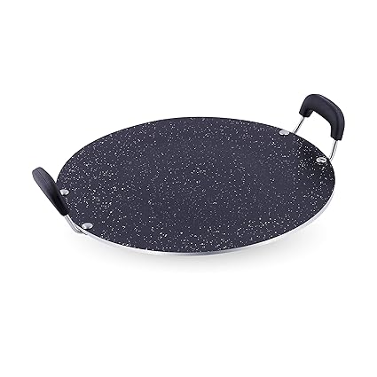 Attro Non Stick Aluminium Heavy Duty Double Handle Flat Spatter Finish Tawa, 300 mm, (Black)