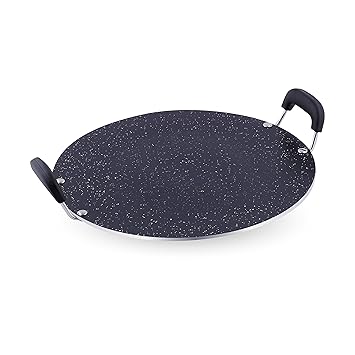 Attro Non Stick Aluminium Heavy Duty Double Handle Flat Spatter Finish Tawa, 300 mm, (Black)
