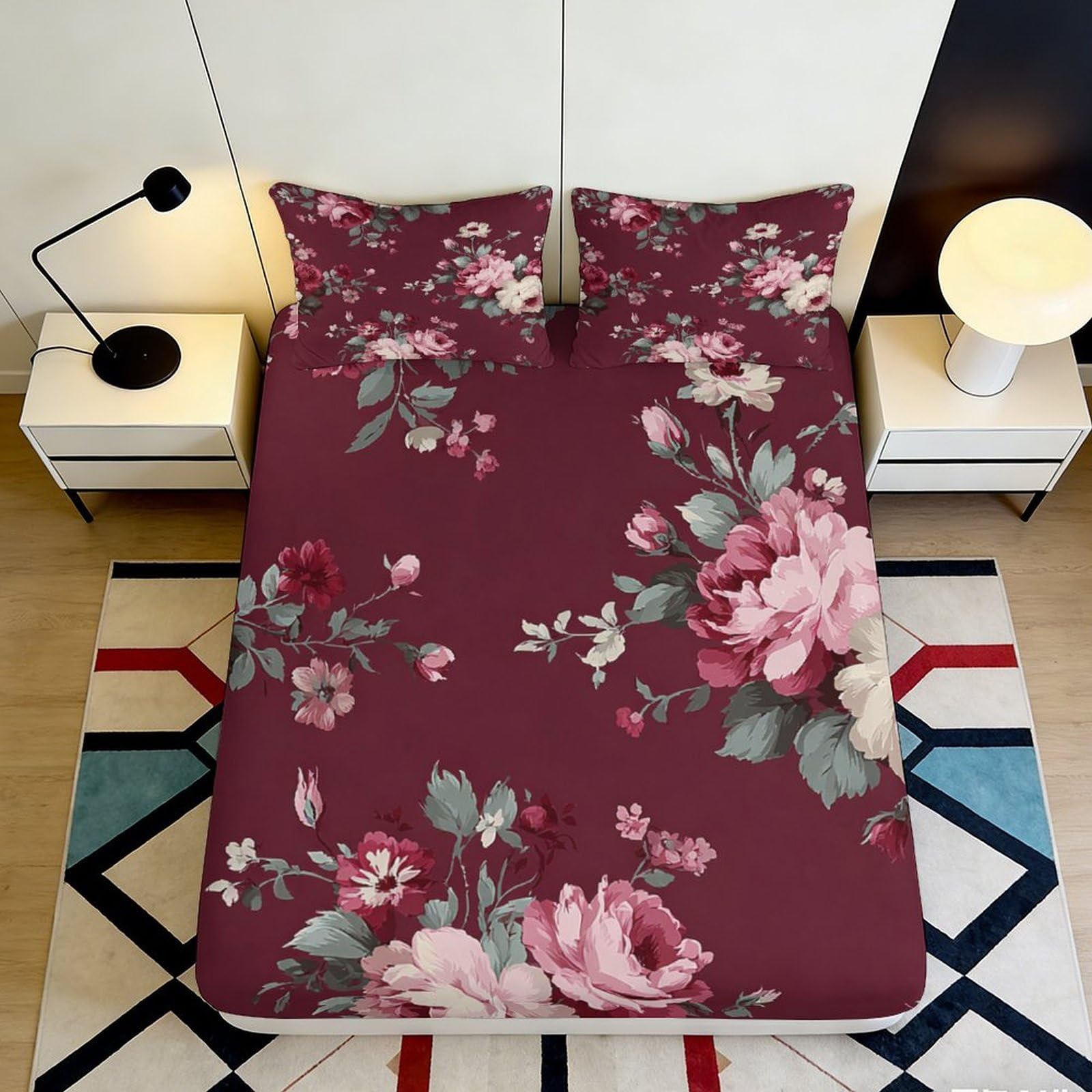 Uxinyoume Style-8 3D Printed Burgundy Rose Floral Fitted Sheet Microfiber Soft Non Slip Romantic Peony Mattress Cover For Bedroom Guest Room Decor 90X200x25cm