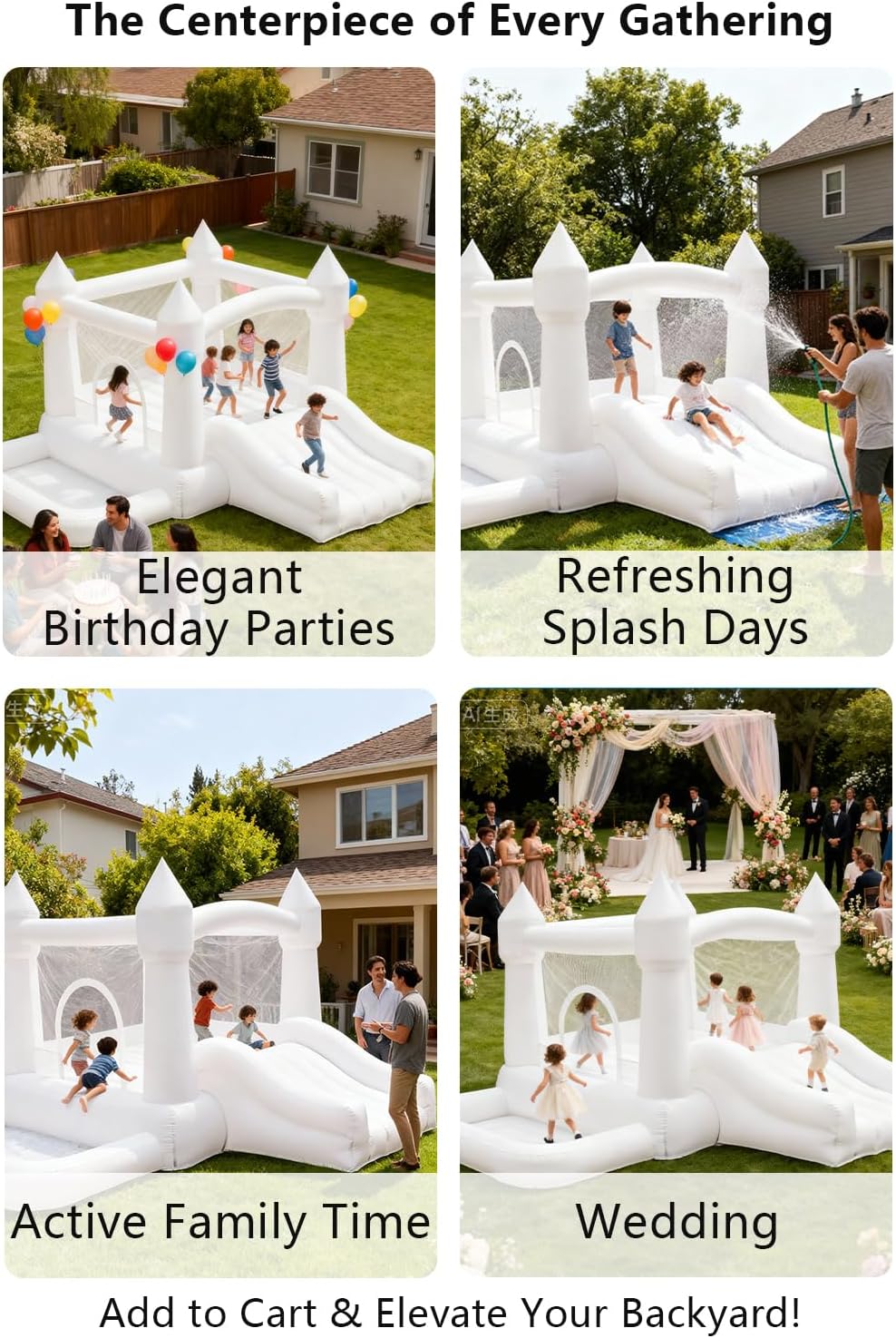 White Inflatable Bounce House Indoor/Outdoor, Jumper with Slide and Water Pool/Ball Pool for Outdoor Garden, Backyard Fun, Perfect for Wedding, Birthdays & Family Gatherings