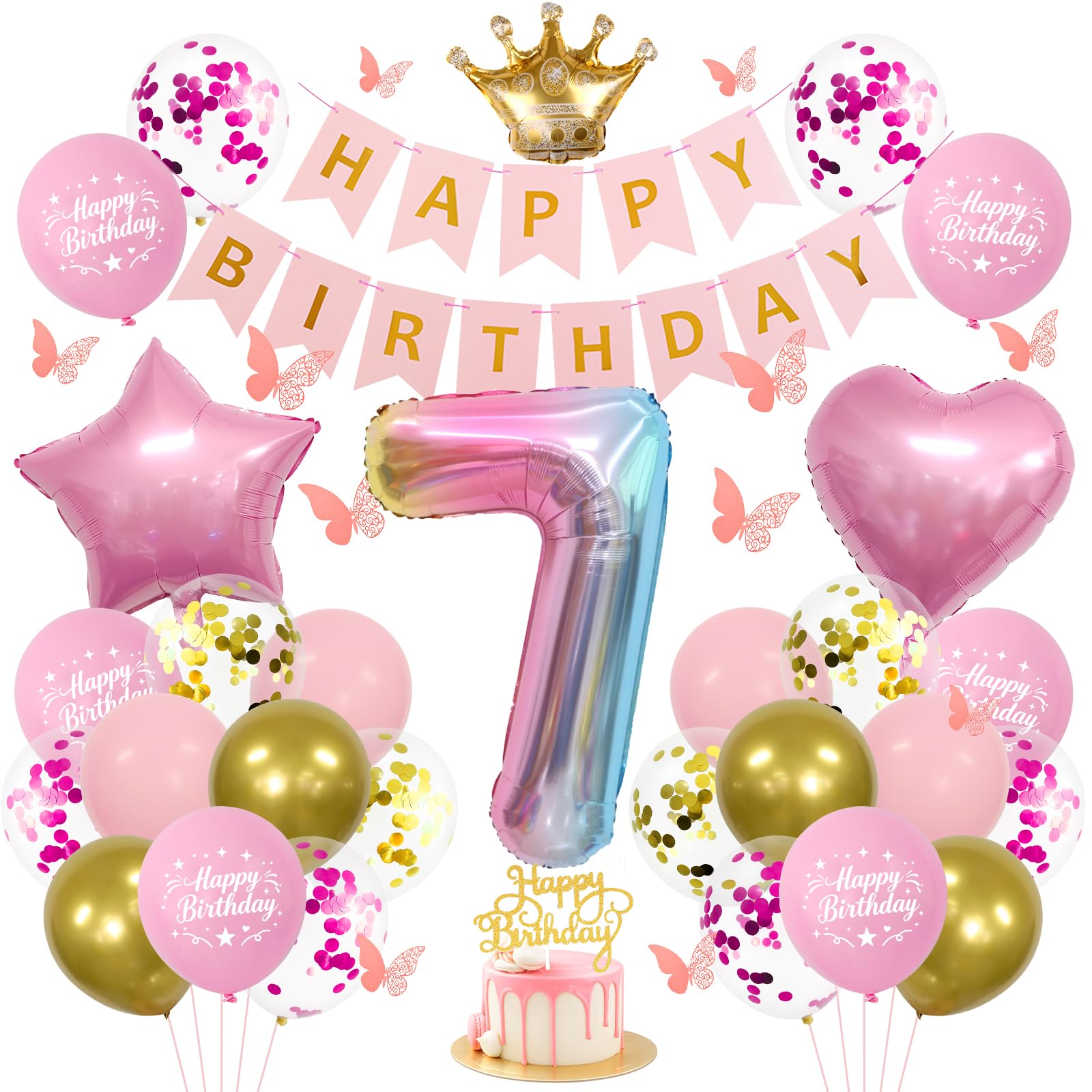 Pink Princess 7th Birthday Decorations for Girls, Balloons Set Number 7