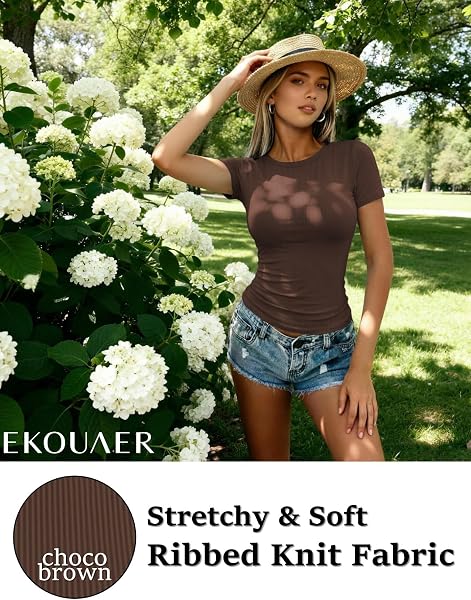 Ekouaer Damen 3 Pack T-Shirts Gerippt Rundhlas Unterhemd Kurzarm Stretch Oberteil Slim Fit Basic Crop Tops Sommer Outfit - 4