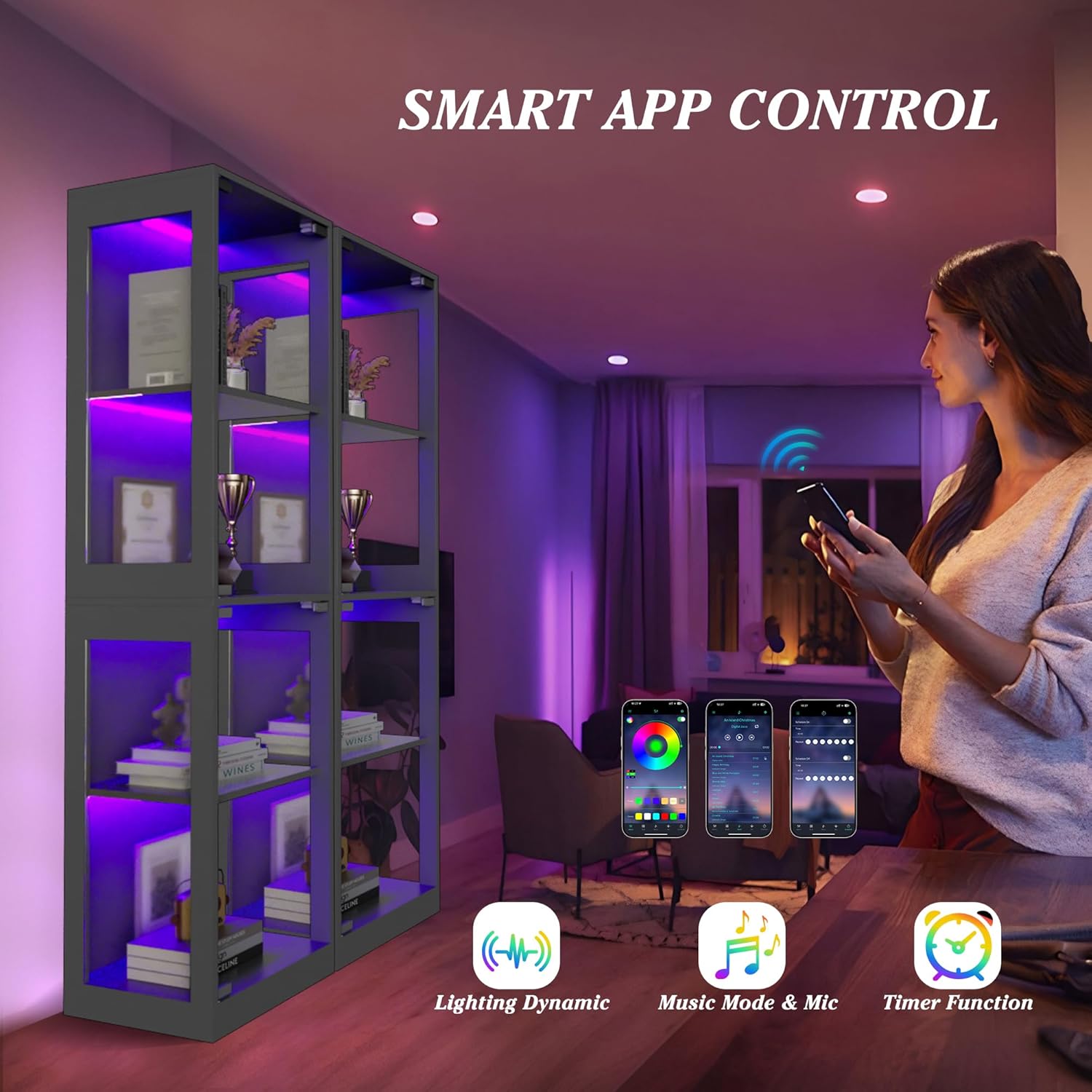 Image showing a woman using a smartphone app to control the RGB lighting of the display cabinet, with icons for Lighting Dynamic, Music Mode & Mic, and Timer Function.
