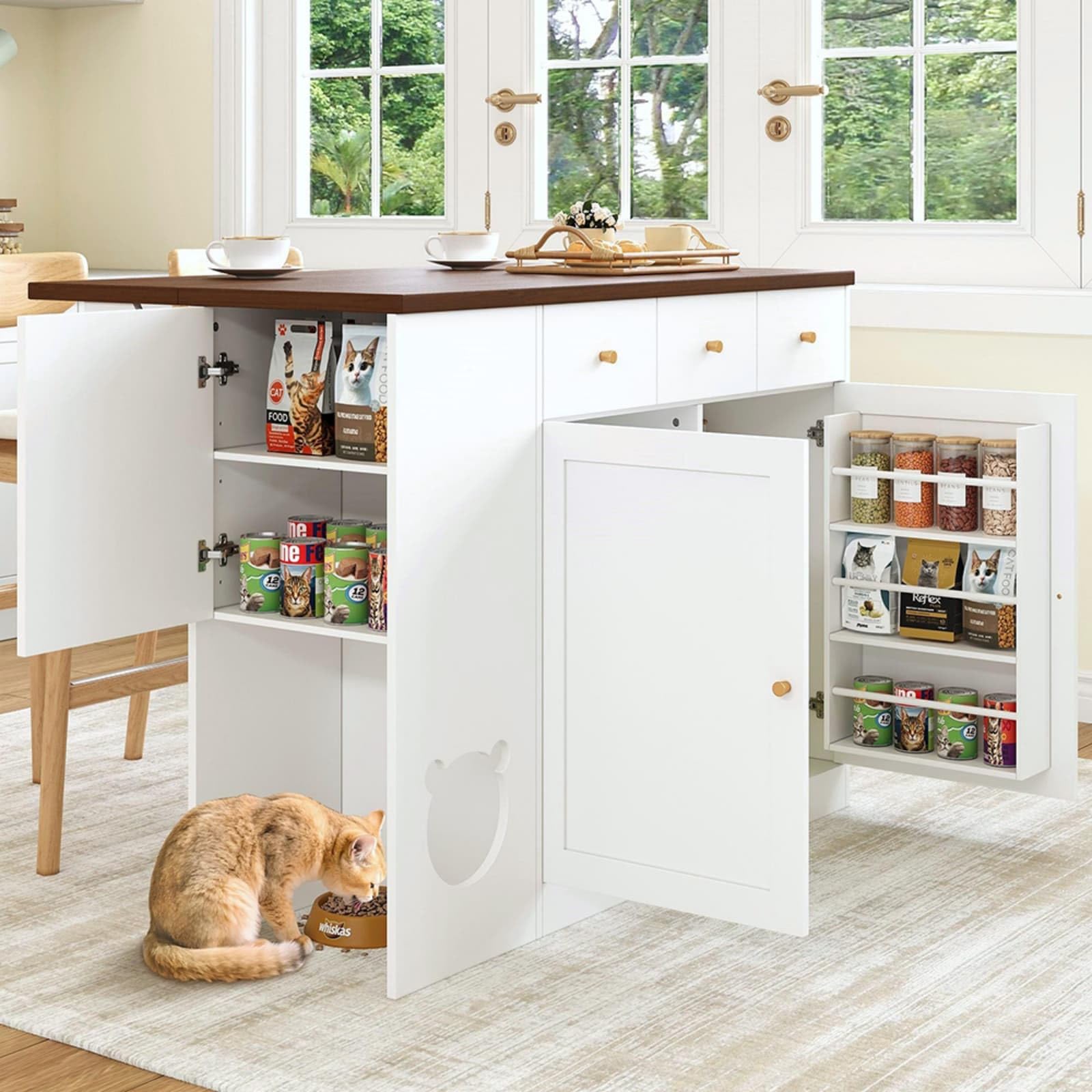 PUGSDRLY Îlot de Cuisine 120x40x90cm, avec Plan de Travail Escamotable, 3 Tiroirs, 2 Portes, Meuble Bar avec Rangement Épices et Espace Repas Intégré, pour Cuisine ou Salon (White + Deep Walnut)