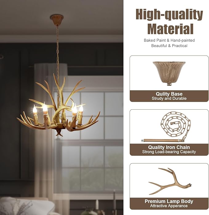 kangten Retro Antler gewei kroonluchter, plafondlamp, hars, 6 lampen, hertengewei, lamp voor werkkamer, kantoor photo 2