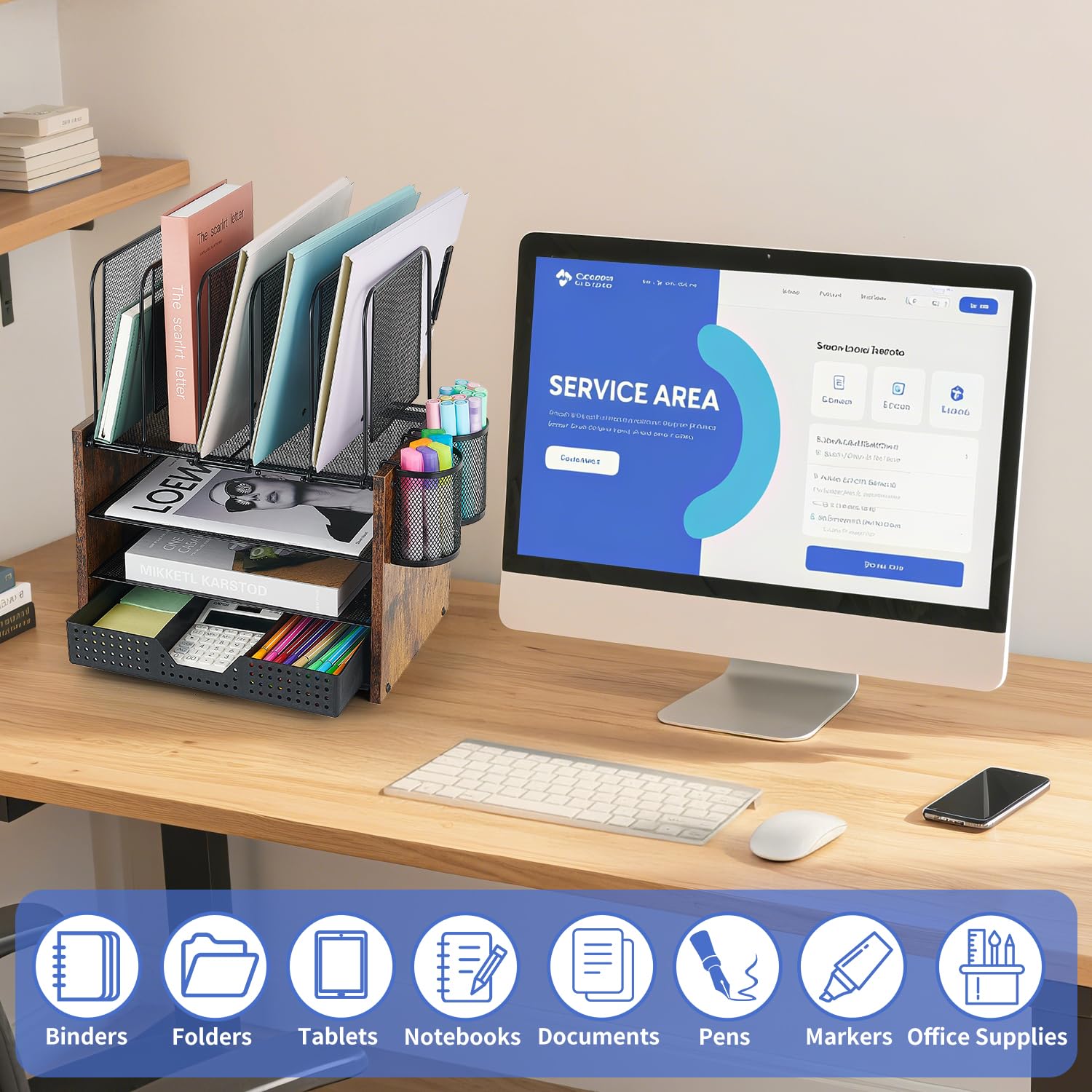 AUPSEN Schreibtisch-Organizer mit 5 vertikalen Aktenhaltern, Aufbewahrungsschublade und 2 Stifthaltern, 5 Ablagen, Papier-Briefablage, Netz-Schreibtisch-Organizer und Zubehör für Home Office